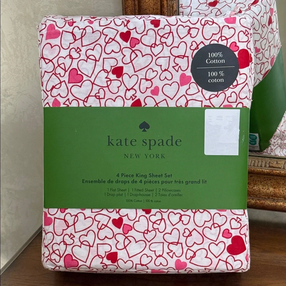 Kate Spade King size Red and Pink Heart Sheet Set.